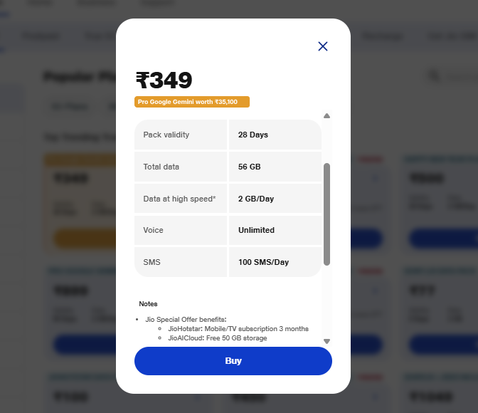 जियो का 349 रुपये वाला प्लान 