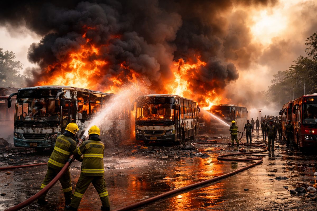 खादगढ़ा में ‘अग्नि-कांड’: 6 बसें जलकर खाक, भयंकर अफरा-तफरी के बीच दमकल गाड़ियों ने संभाला मोर्चा