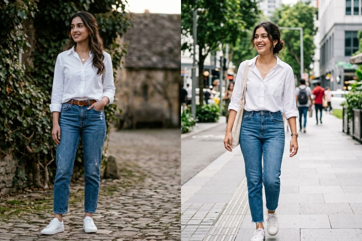 एक सफेद शर्ट को 5 अलग तरीकों से कैसे करें स्टाइल? ऑफिस से लेकर पार्टी तक हर जगह लगेंगे परफेक्ट 2 Casual Brunch Style White Shirt Blue Denim Jeans