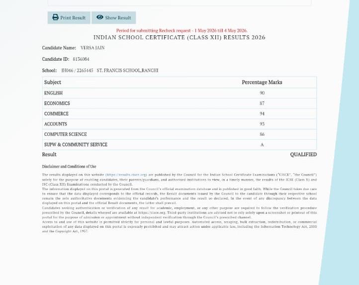 मम्मी मेरी बेस्ट सपोर्टर… Isc बोर्ड 12वीं में वर्षा जैन रांची टॉपर, Ca बनने का है सपना 1 Isc 12Th Topper Versa Jain
