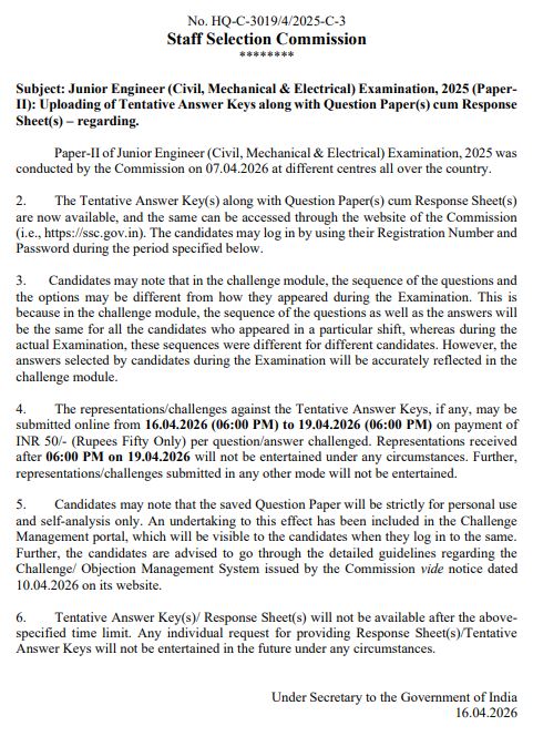 Ssc Je Answer Key Notice