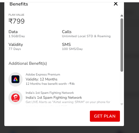 77 दिन चलेगा Airtel का ₹799 प्लान, मिलेगा डेली डेटा और एक्स्ट्रा बेनेफिट्स भी 2 Airtel के ₹799 वाले प्रीपेड प्लान के फायदे