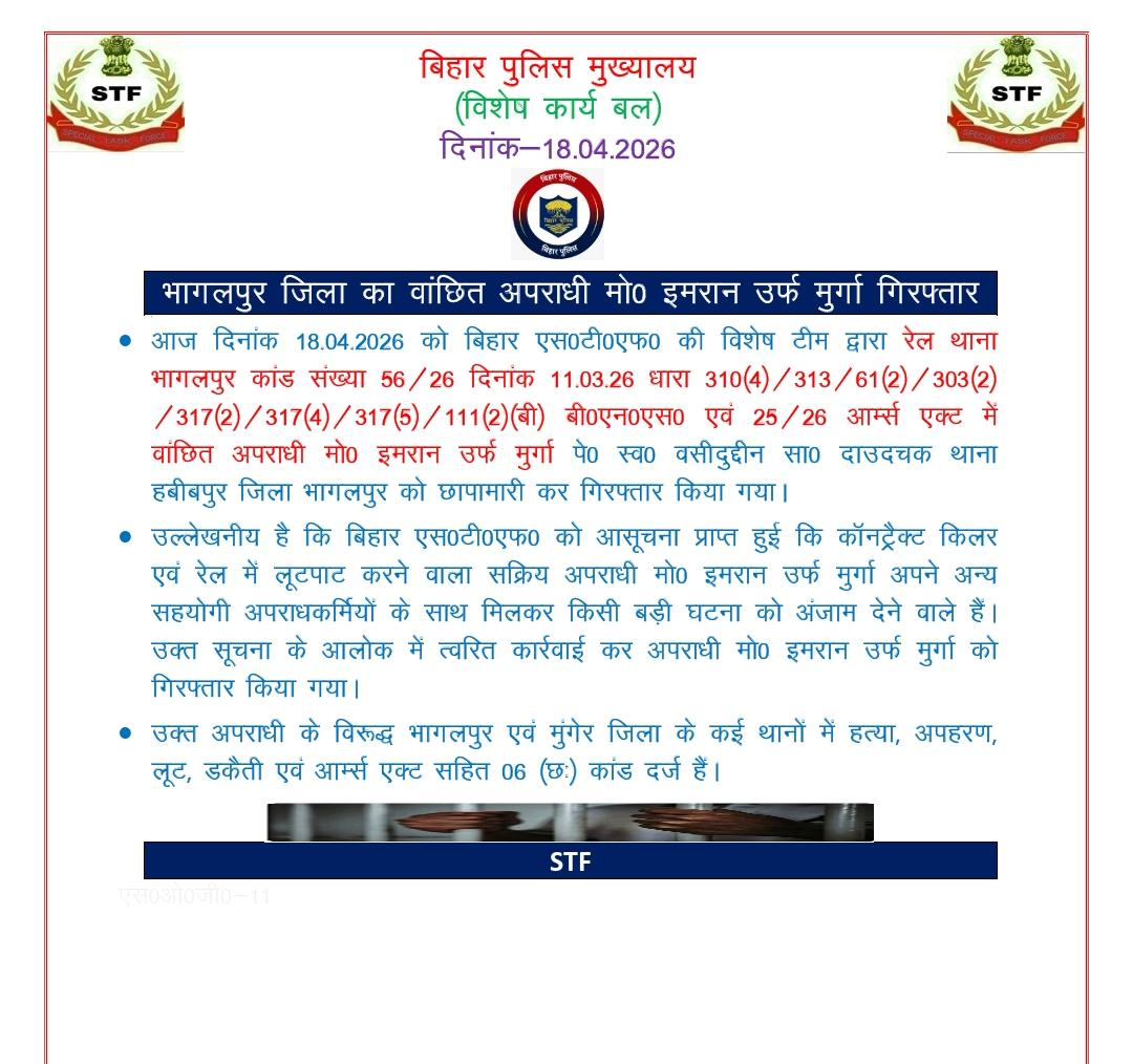 बिहार Stf के हत्थे चढ़ा मुर्गा, ट्रेनों में लूट और हत्या का था मास्टरमाइंड 1 Image 219