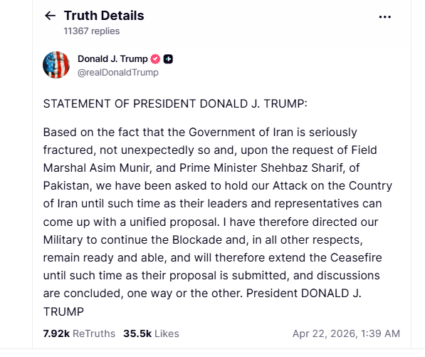 Us–ईरान तनाव: ट्रंप ने बढ़ाया सीजफायर, नाकेबंदी जारी, ईरान के प्रस्ताव पर टिकी निगाहें 1 Image 262