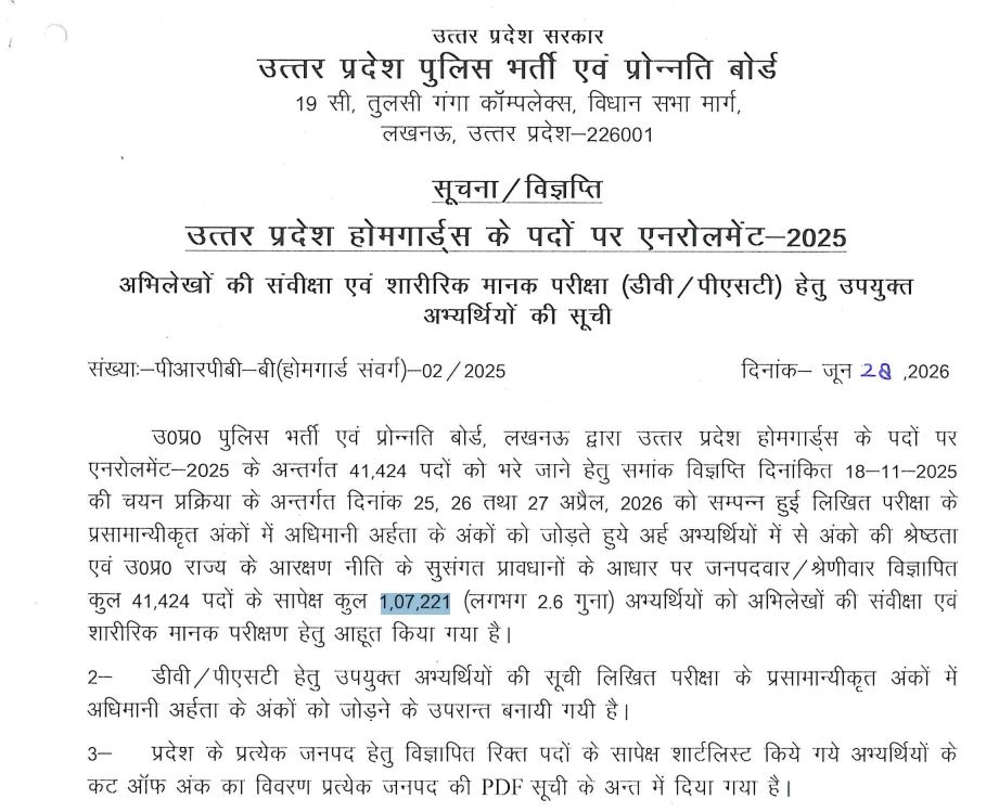 Up पुलिस होमगार्ड भर्ती का रिजल्ट जारी, 1 लाख से ज्यादा परीक्षार्थी पास 2 Up Police Home Guard Result Notice