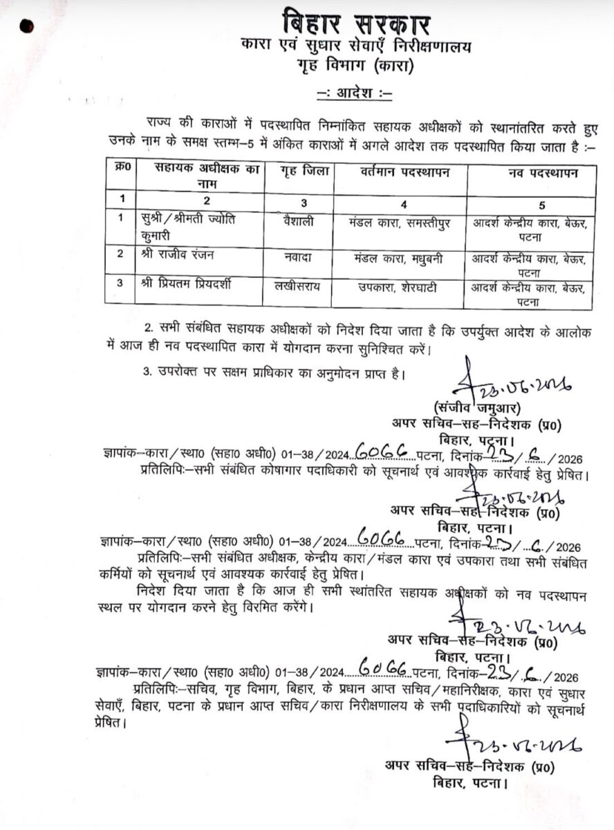 बेऊर जेल का एक और अधिकारी सस्पेंड, 3 नए सहायक कारा अधीक्षक नियुक्त, जानिए क्या है पूरा मामला 4 Whatsapp Image 2026 06 23 At 19.41.31