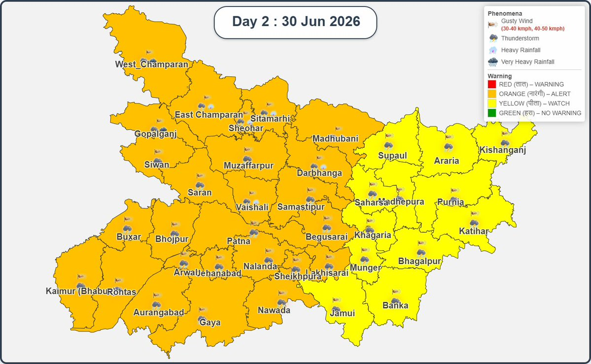 बिहार के इन 26 जिलों में आज तेज बारिश का अलर्ट, बिजली गिरने की भी चेतावनी, Imd की एडवाइजरी जारी 2 Image 1711