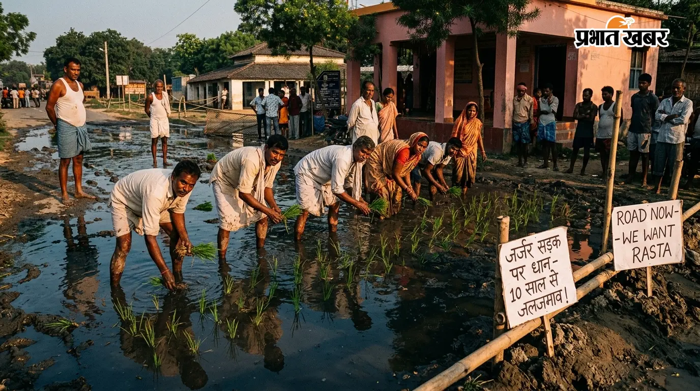 जर्जर सड़क पर धान रोपा: ग्रामीणों का अनोखा विरोध प्रदर्शन जर्जर सड़क पर धान रोपा: ग्रामीणों का अनोखा विरोध प्रदर्शन