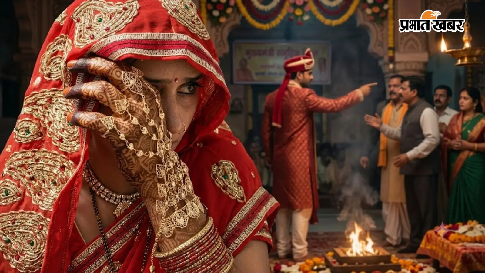 सामूहिक विवाह में फेरों के बाद दूल्हे ने मांगी दहेज, रोती रह गई दुल्हन (AI) सामूहिक विवाह में फेरों के बाद दूल्हे ने मांगी दहेज, रोती रह गई दुल्हन (AI)