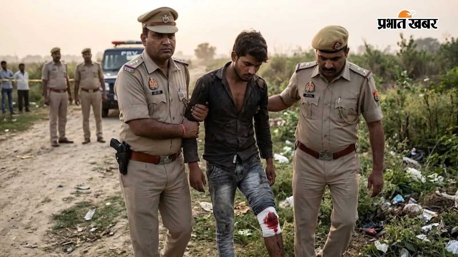 पुलिस द्वारा मुठभेड़ में आरोपी के पैर में लगी गोली (AI) पुलिस द्वारा मुठभेड़ में आरोपी के पैर में लगी गोली (AI)