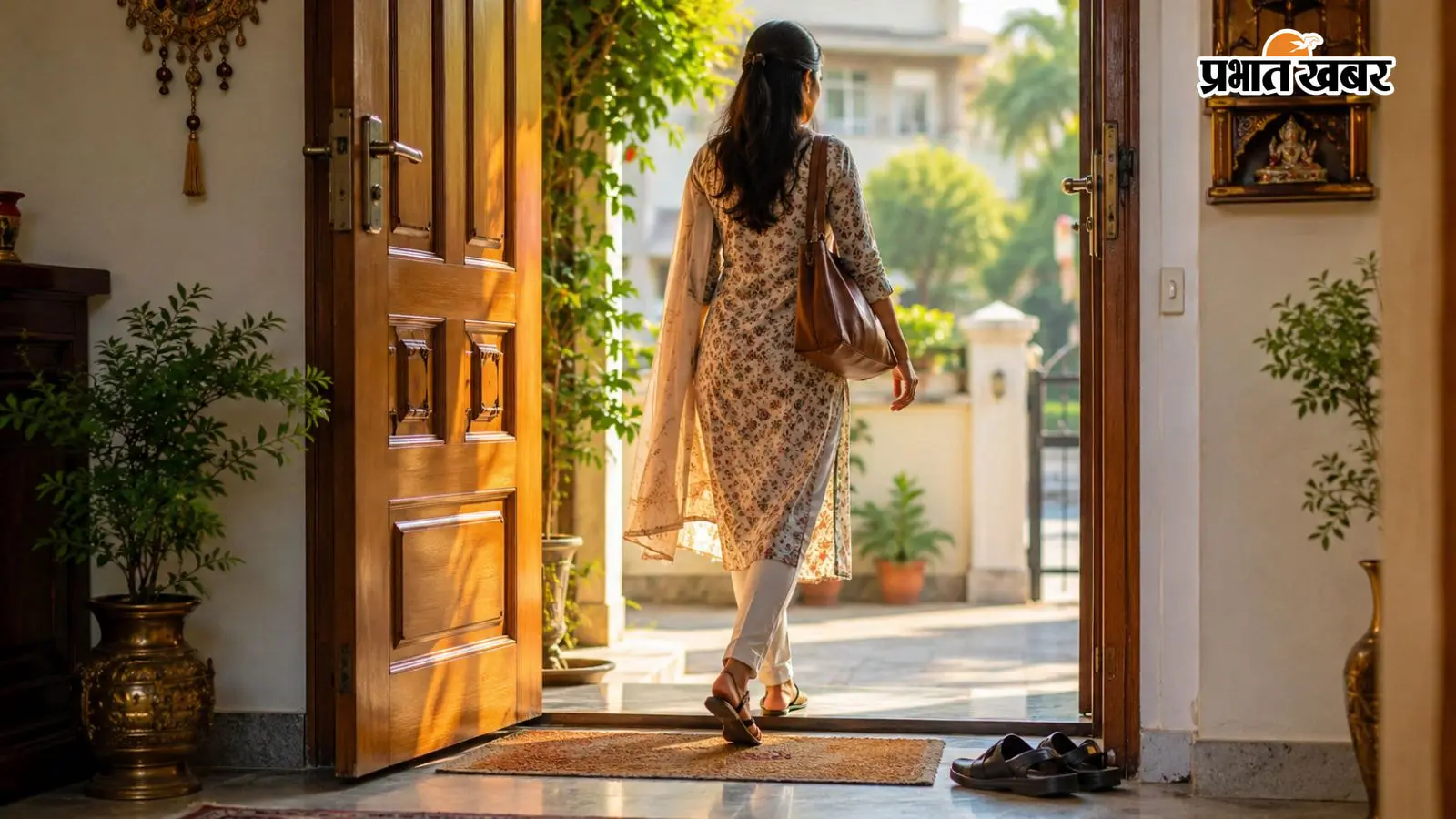 घर से निकलती हुई महिला की सांकेतिक तस्वीर (एआई) घर से निकलती हुई महिला की सांकेतिक तस्वीर (एआई)