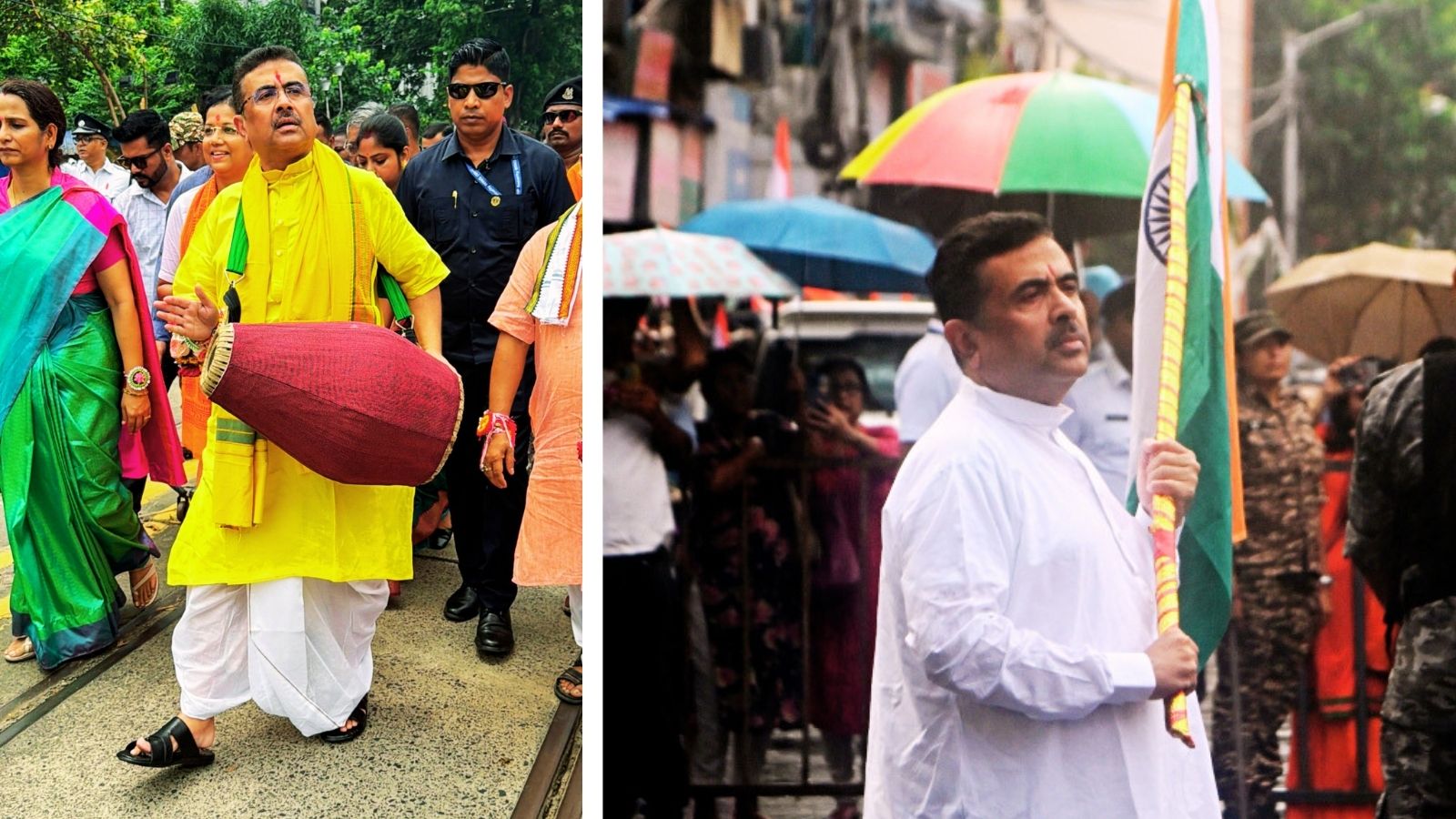 भवानीपुर में मृदंग बजाते शुभेंदु अधिकारी और जादवपुर विश्वविद्यालय में तिरंगा झंडे के साथ बंगाल के चीफ मिनिस्टर.