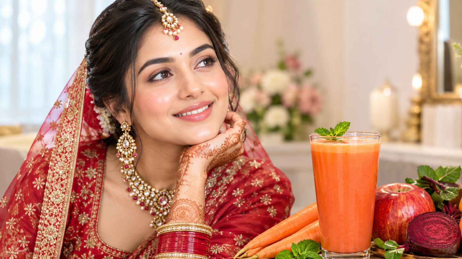 दुल्हन बनी महिला और ABC जूस की सांकेतिक तस्वीर, PC -AI