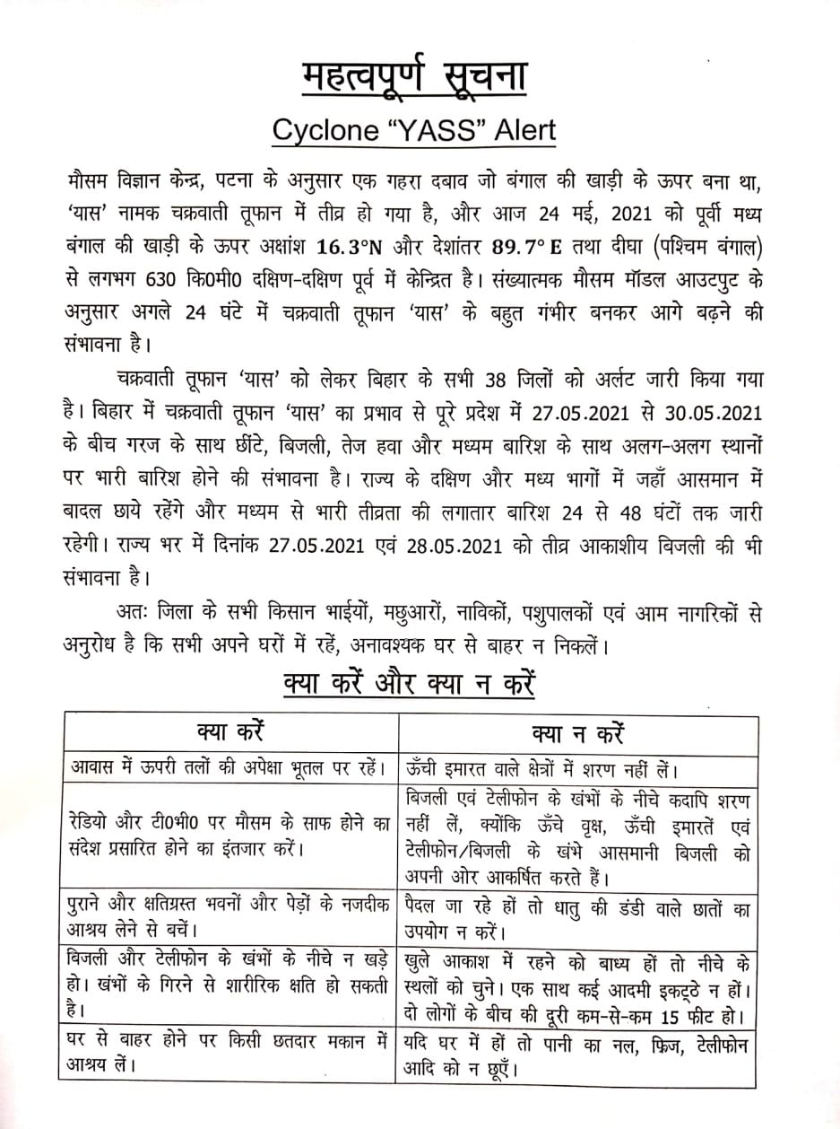 Yaas Cyclone, Bihar Weather Forecast LIVE Updates: बिहार के कई इलाकों भारी बारिश, सात जिले यलो अलर्ट और बाकी रेड अलर्ट पर, हेल्पलाइन नंबर जारी